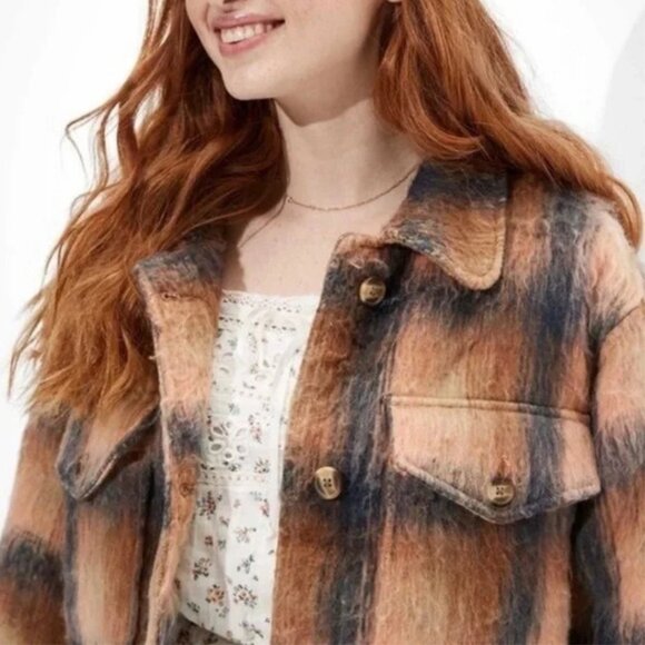 American Eagle | Lined Brushed Plaid Neutral Tone Jacket - Size M - Picture 2 of 14